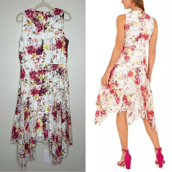 Taylor Floral-Print Lace Handkerchief-Hem Dress, Size 14 - Picture 6 of 13